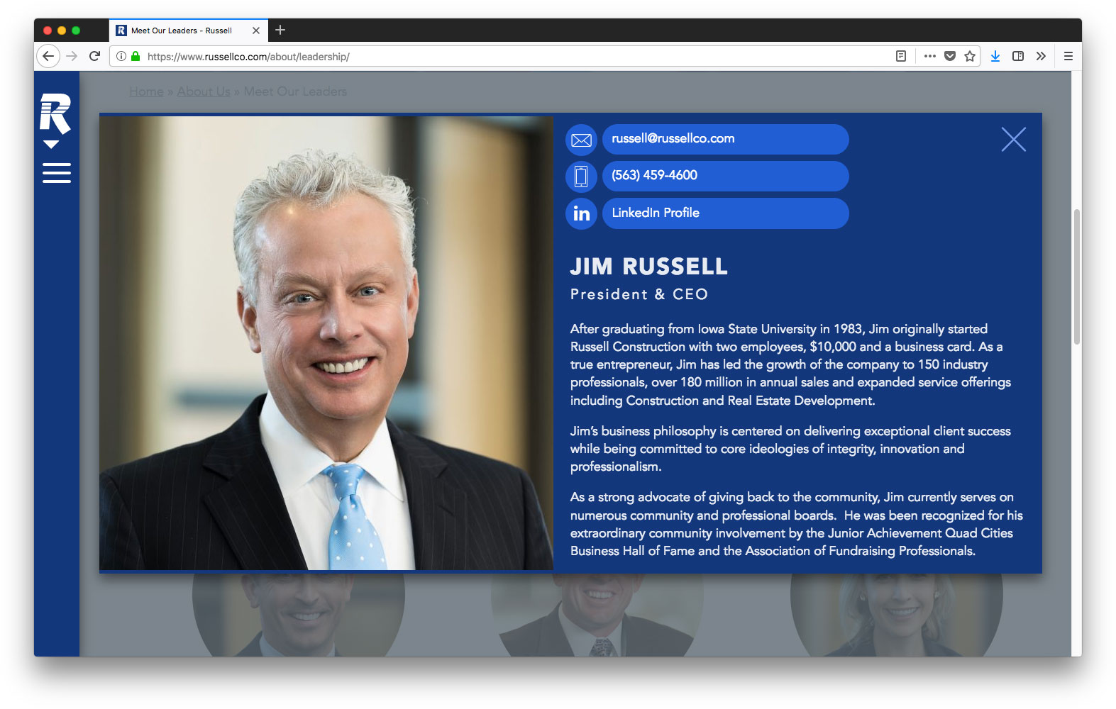 Screenshot of Russell leadership page with Jim Russell