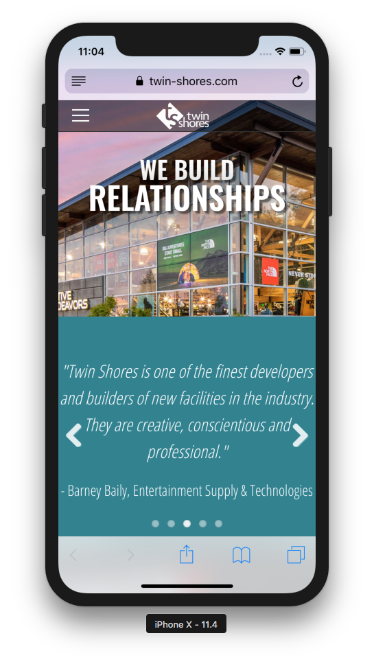 Screenshot of new Twin Shores website on an iPhone X