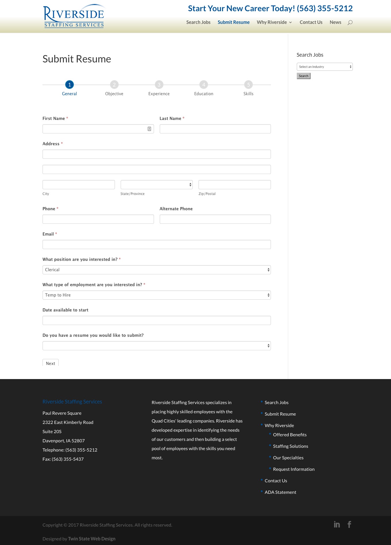 Riverside Staffing application page screenshot