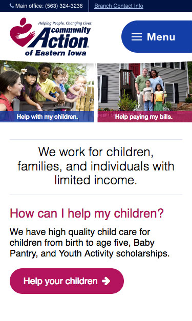 Community Action mobile home page screenshot