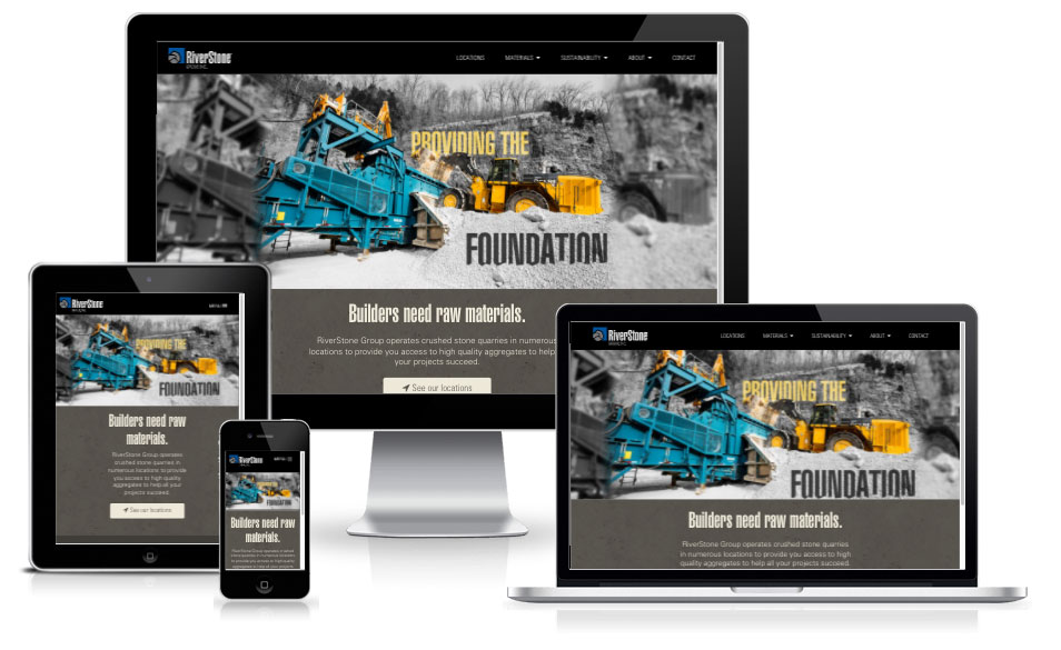 Riverstone Group responsive design inside of a laptop, desktop, tablet, and mobile phone screen.