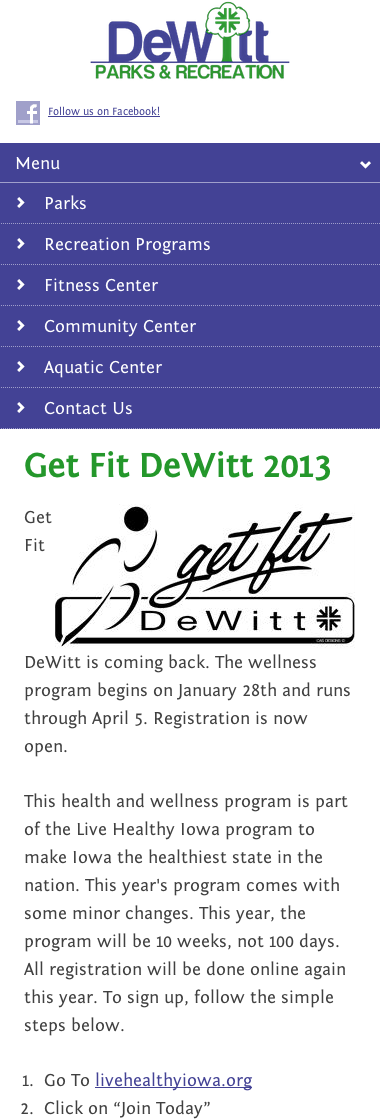 DeWitt Parks & Rec Mobile View, menu expanded