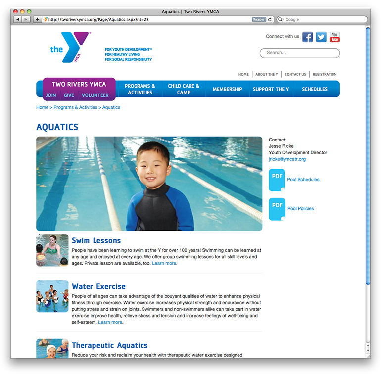 Two Rivers YMCA Aquatics Page