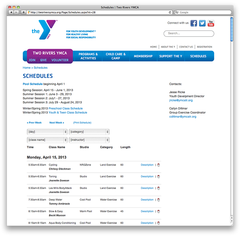Two Rivers YMCA Schedules Page